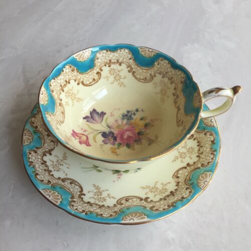 Paragon Victoria Double Warrant Turquoise Blue With Pink Rose Floral Cup Saucer