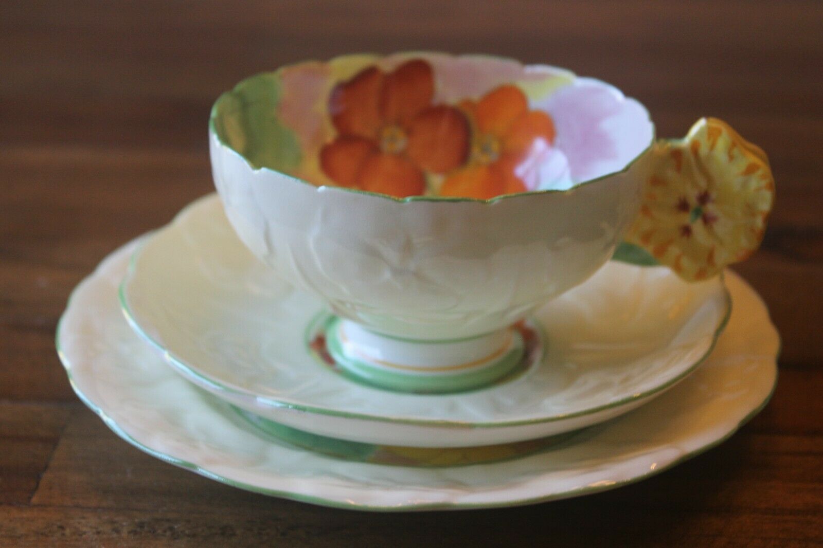 Paragon Trio Flower Handle Geranium Pansy Teacup Tea Cup Saucer Plate Star Mark