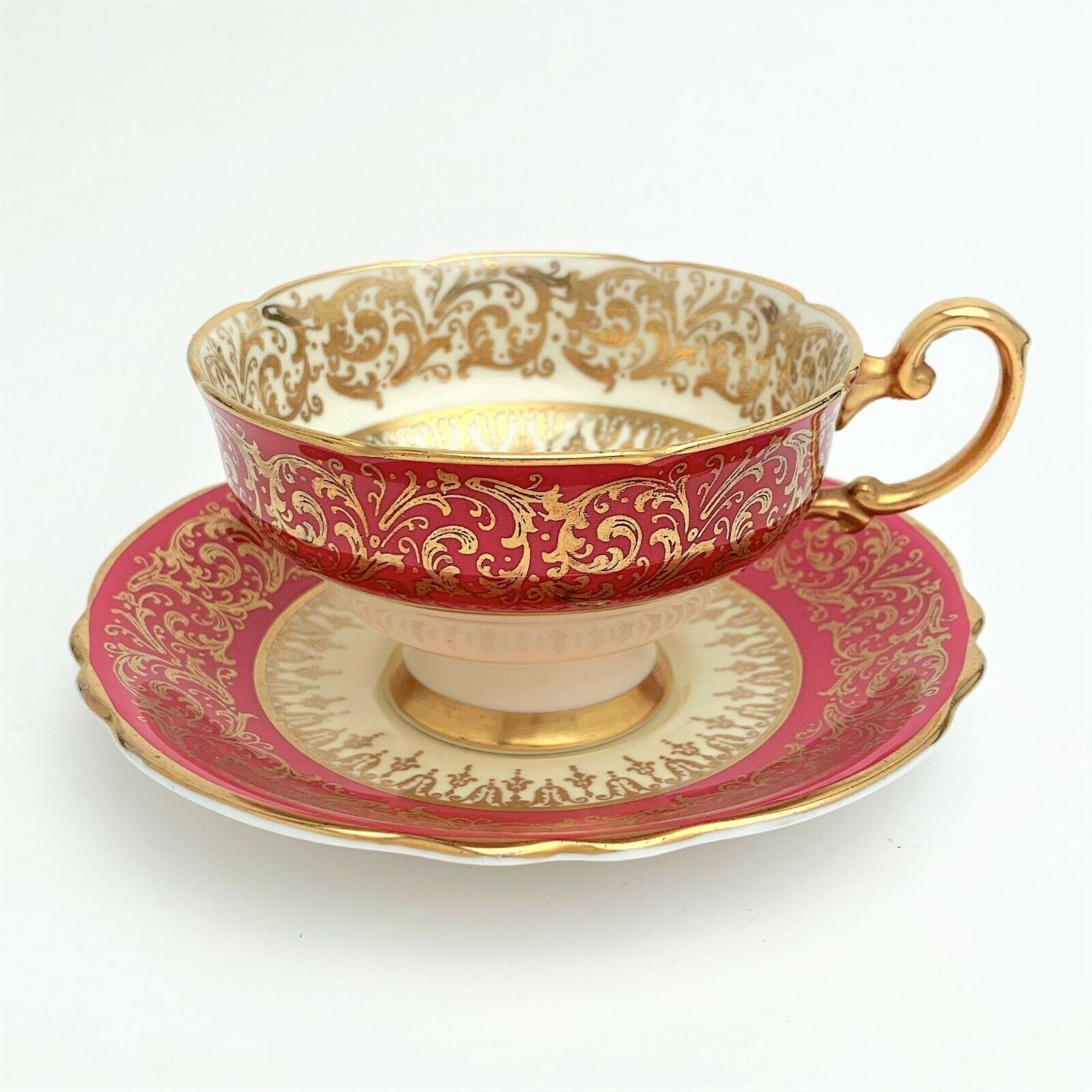 1940's Paragon Maroon & Pale Yellow With Gold Accents Tea Cup And Saucer